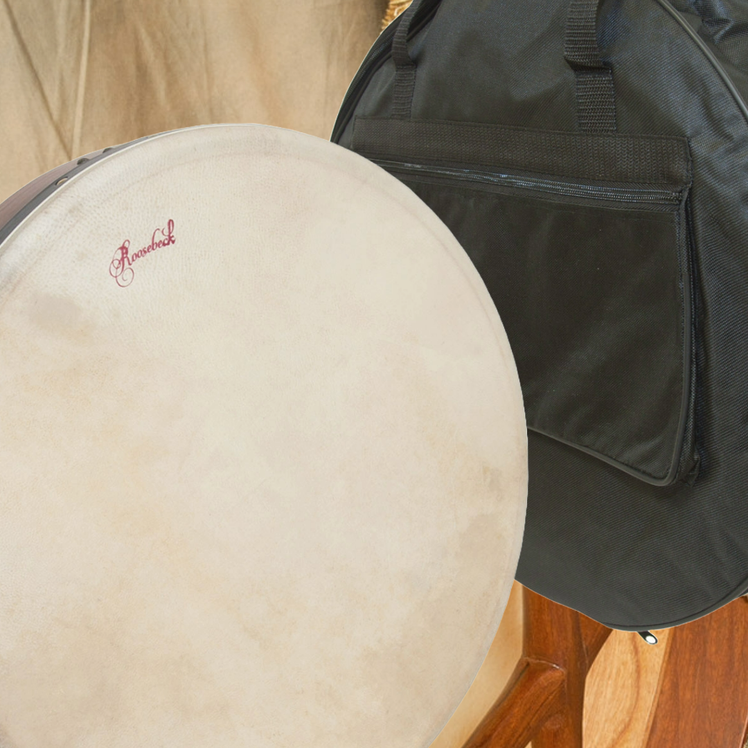 Roosebeck 18" Tunable Bodhran & Gig Bag (Double Layer Goatskin Head, Sheesham, Cross Bar)