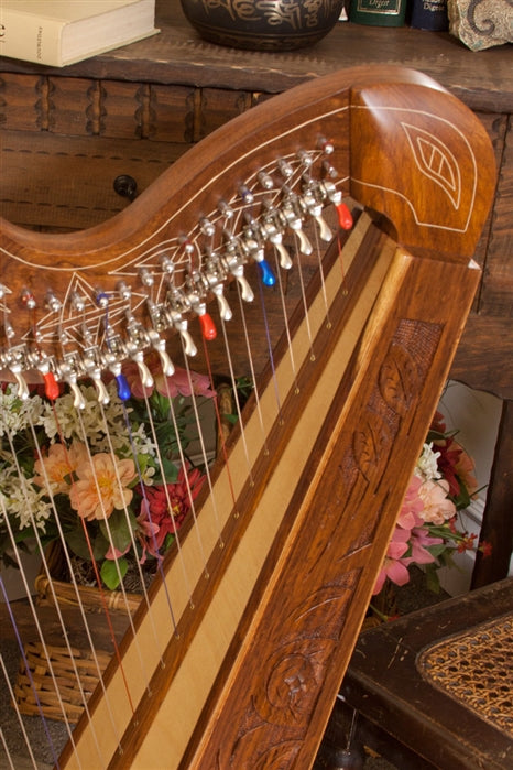 Roosebeck 29 String Minstrel Harp (Celtic Thistle Carved Inlay, Chelby Levers) Extra String Set Included.