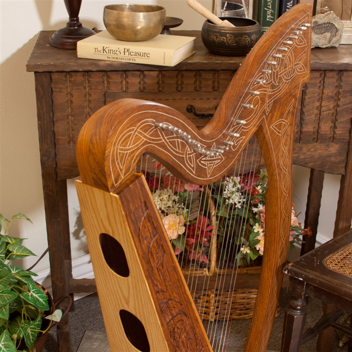 View of top from back. Roosebeck 29 String Minstrel Harp (Celtic Thistle Carved Inlay, Chelby Levers) Extra String Set Included.