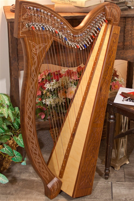 Roosebeck 29 String Minstrel Harp (Celtic Knotwork Carved Inlay, Upgraded Chelby Levers, Extra String Set)
