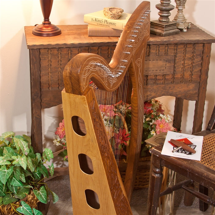 Back view, 3 soundholes, Roosebeck 29 String Minstrel Harp (Celtic Knotwork Carved Inlay, Upgraded Chelby Levers, Extra String Set). Handcrafted World Instruments.
