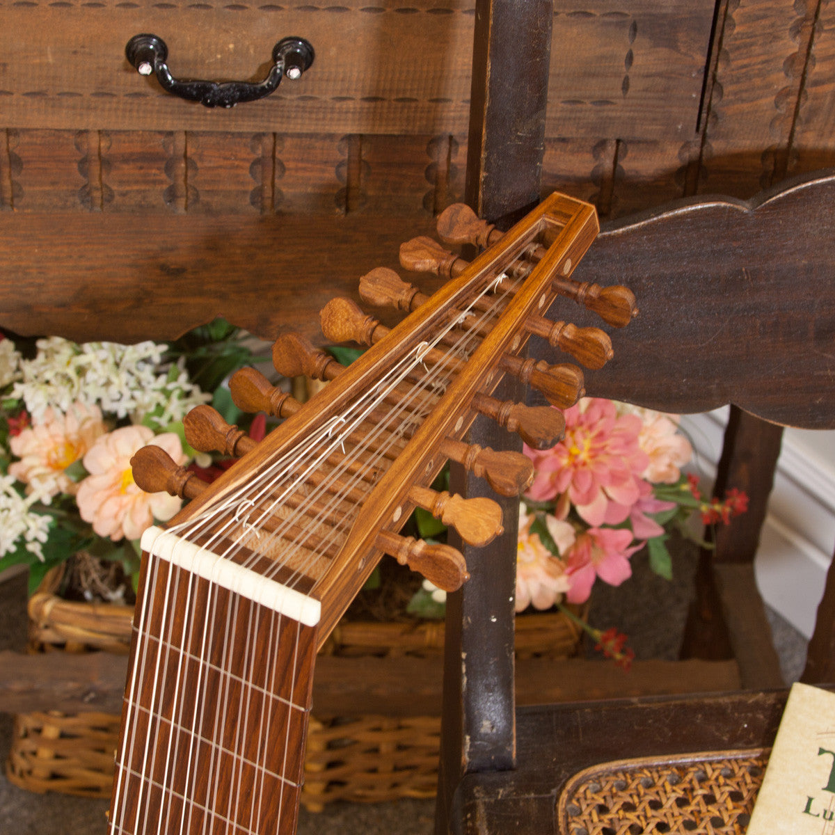 Roosebeck Deluxe 8-Course Renaisance Lute , close-up of peg box and wooden pegs top.
