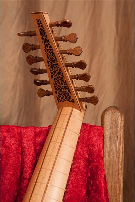 Roosebeck Descant Lute, laser cut inlay back pegbox, walnut wood pegs.