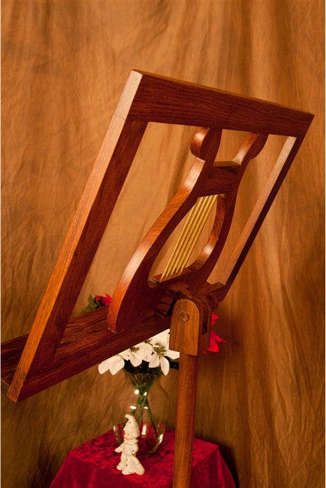 View of tray back, adjustment knob. Roosebeck EMS Regency Wood Music Stand Sale.