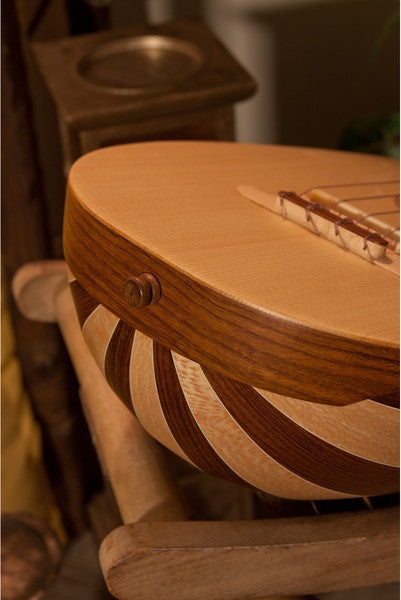 Roosebeck Tenor Baroque Ukulele bottom of variegated bowl back with end pin