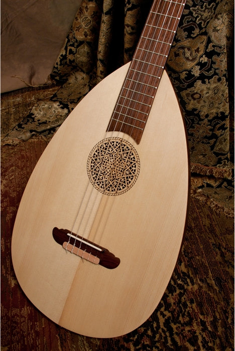 Roosebeck Lute-Guitar, 6 String, Variegated, Geared Tuners. Soundboard close-up.