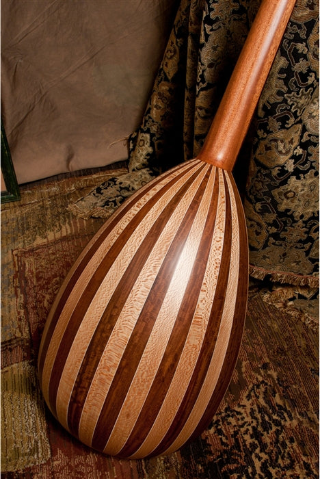 Roosebeck Lute-Guitar, 6 String, Variegated, Geared Tuners. Close-up of variegated bowl back.