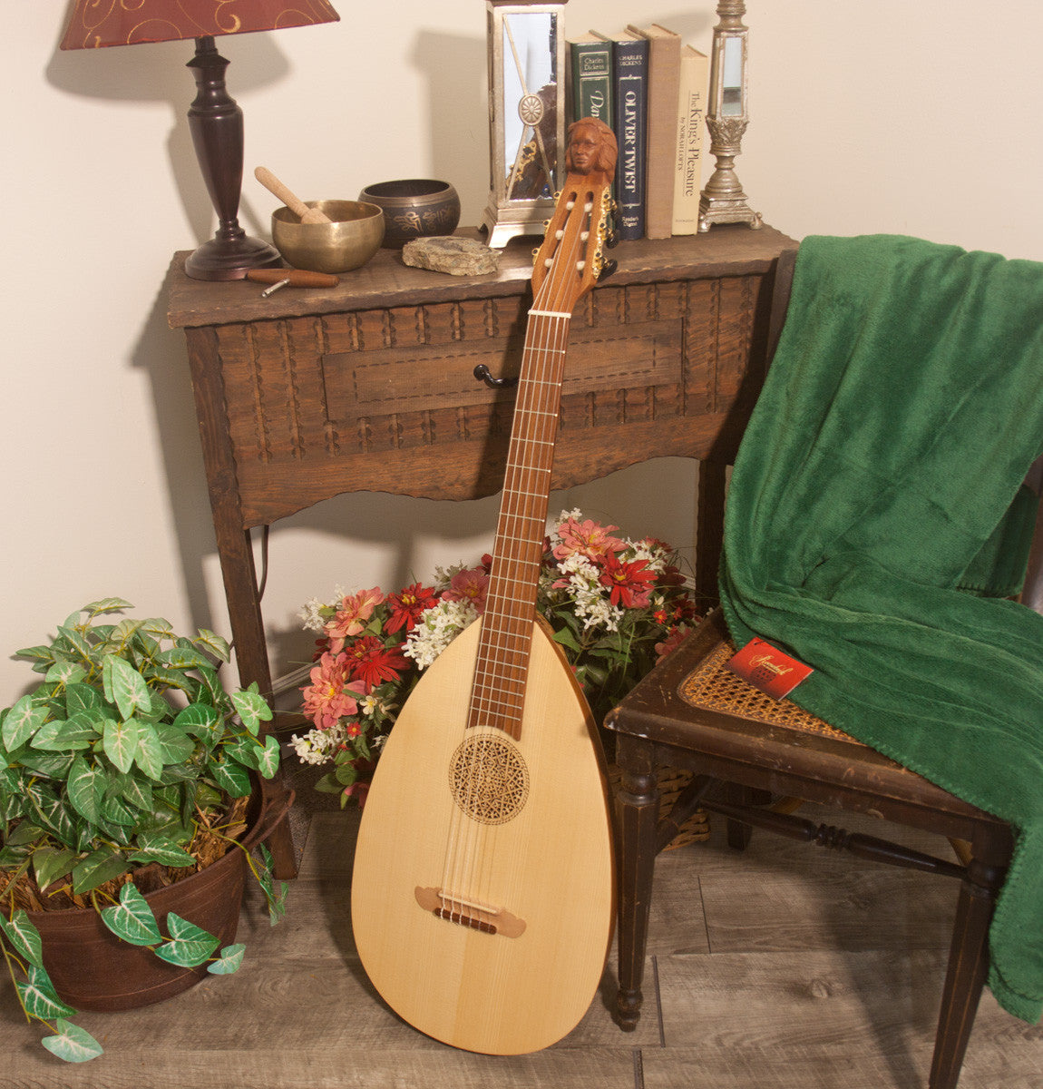 Front View Roosebeck Lute-Guitar (6 String, Variegated Bowl Back, Geared Tuners) Padded Nylon Gig Bag. Handcrafted World Instruments.