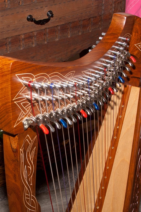 Roosebeck Pixie Harp, Sheesham, 19 String Beginner Harp, Chelby Levers. Top view.