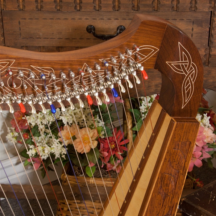 Roosebeck Heather Harp, Chelby Levers, 22 Strings, Celtic Thistle Close-Up of Chelby Levers.