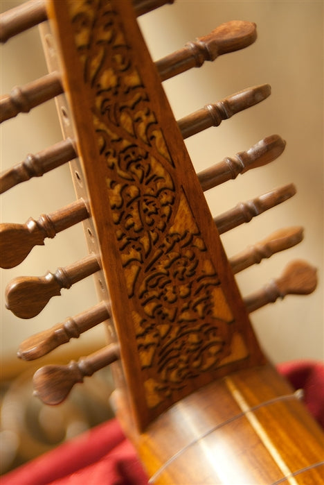 Roosebeck Deluxe 8-Course Renaisance Lute , close-up of peg box back carved design.