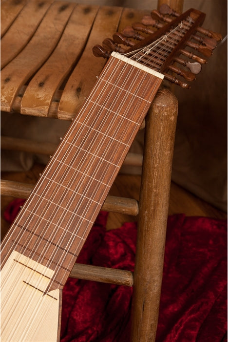 Roosebeck 8-Course Travel Lute, close-up of fret board, solid sheesham.