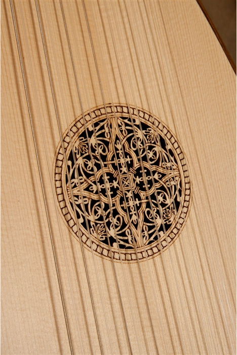 Roosebeck 8-Course Travel Lute, close-up of laser cut sound hole.